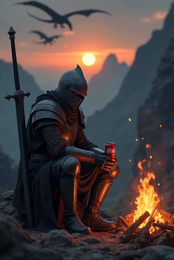 I want a picture of the character "bearer of the curse" From the video game "dark souls 2", relaxing by a campfire with the sun on the horizon, I want the character to look at the campfire, resting with his gun, hoping things get better, Well, that&#39;s a gentleman&#39;s day., a damn, a human being.
(I need the character to have a knight&#39;s helmet to protect him and his weapon must be worthy, I want the character to have a Coca Cola in his hand and I want to see figures of dragons in the sky.)