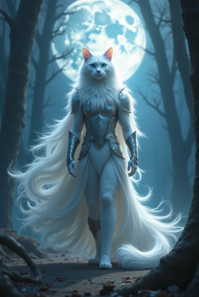 *Orion Transforms into a Human Warrior:**
   - "A white cat begins to transform into a tall, powerful human warrior. The scene shows the cat's body stretching and shifting, with magical energy swirling around it. The warrior has snow-white hair and piercing blue eyes, wearing armor that shimmers in the moonlight. The background is a dark, enchanted forest, with the full moon illuminating the transformation."