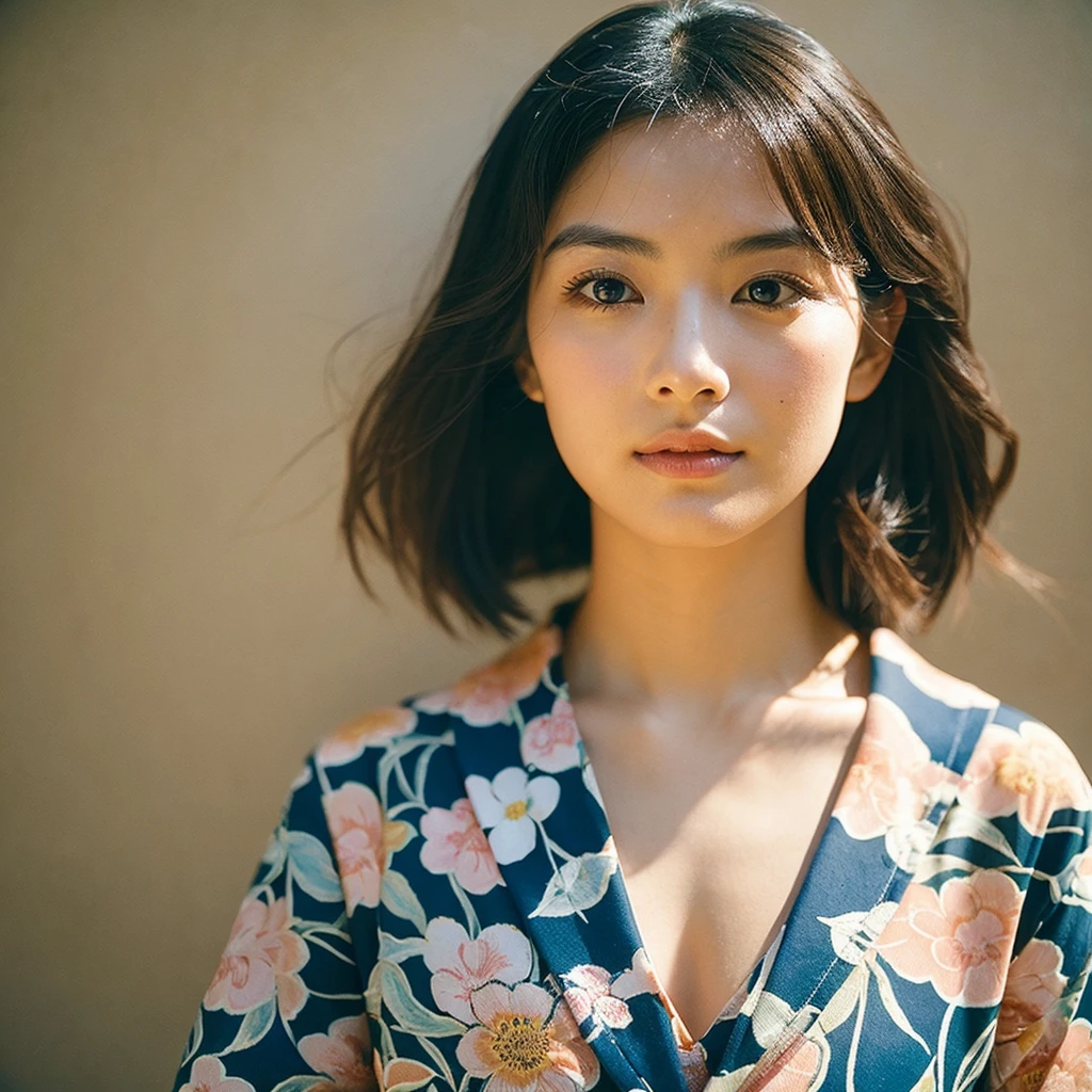 A hyper-realistic image of a single Japanese woman in her early 20s, captured from the shoulders up with the nostalgic warmth and subtle graininess of a film camera. She is wearing a traditional yukata with a vibrant, cute design featuring bold and colorful floral patterns such as cherry blossoms and peonies in shades of pink, red, and lavender, set against a soft pastel background. The obi is elegantly tied with a complementary color, adding a playful touch. The fabric of the yukata appears naturally lightweight, with visible folds and textures that enhance its realism, draping gracefully over her shoulders. Her skin, seen clearly from the shoulders up, has a warm beige tone with a highly realistic, slightly rough texture, showcasing visible pores, fine lines, and minor blemishes, along with subtle unevenness, such as delicate dryness around the cheeks and small natural shadows under the eyes. The lighting is soft and subdued, replicating the gentle, diffused natural light of an overcast day or early evening, creating realistic shadows across her face. These shadows subtly contour her cheekbones, nose, and jawline, adding depth and dimension to her facial features, enhancing the lifelike quality of her skin texture. Her straight, glossy black hair frames her face naturally, slightly tousled, adding to the authenticity of her look. Her deep brown eyes reflect the ambient light, providing depth and a natural, lifelike shine. The film camera effect introduces a noticeable grain and a soft focus, giving the image a warm, nostalgic atmosphere while maintaining the raw, lifelike quality of her skin. The composition is centered solely on her, capturing her serene and understated elegance, focusing closely on the detailed textures of the yukata and the authentic, natural skin texture, with dynamic lighting and shadow play that mimics a real-life photograph.