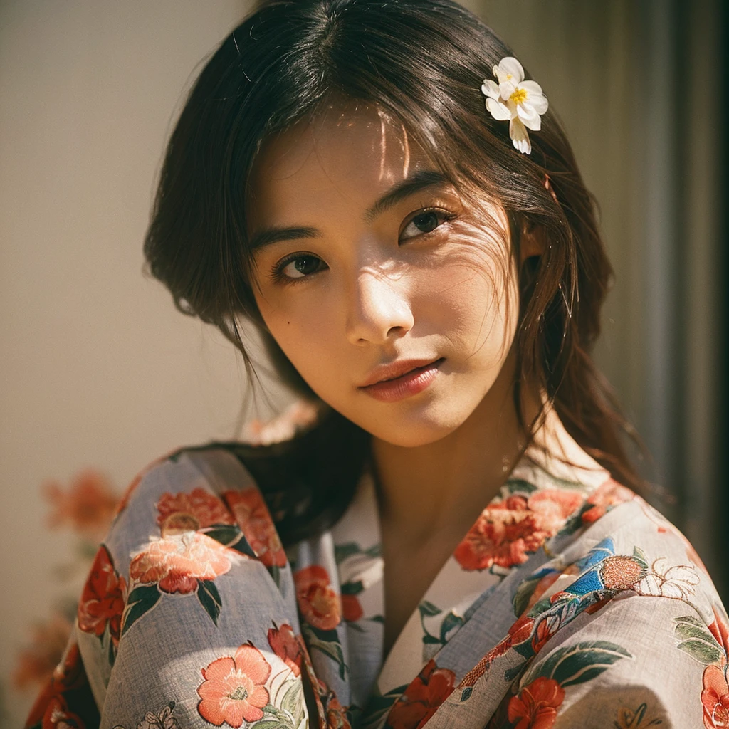 A hyper-realistic image of a single Japanese woman in her early 20s, captured from the shoulders up with the nostalgic warmth and subtle graininess of a film camera. She is wearing a traditional yukata with a vibrant, cute design featuring bold and colorful floral patterns such as cherry blossoms and peonies in shades of pink, red, and lavender, set against a soft pastel background. The obi is elegantly tied with a complementary color, adding a playful touch. The fabric of the yukata appears naturally lightweight, with visible folds and textures that enhance its realism, draping gracefully over her shoulders. Her skin, seen clearly from the shoulders up, has a warm beige tone with a highly realistic, slightly rough texture, showcasing visible pores, fine lines, and minor blemishes, along with subtle unevenness, such as delicate dryness around the cheeks and small natural shadows under the eyes. The lighting is soft and subdued, replicating the gentle, diffused natural light of an overcast day or early evening, creating realistic shadows across her face. These shadows subtly contour her cheekbones, nose, and jawline, adding depth and dimension to her facial features, enhancing the lifelike quality of her skin texture. Her straight, glossy black hair frames her face naturally, slightly tousled, adding to the authenticity of her look. Her deep brown eyes reflect the ambient light, providing depth and a natural, lifelike shine. The film camera effect introduces a noticeable grain and a soft focus, giving the image a warm, nostalgic atmosphere while maintaining the raw, lifelike quality of her skin. The composition is centered solely on her, capturing her serene and understated elegance, focusing closely on the detailed textures of the yukata and the authentic, natural skin texture, with dynamic lighting and shadow play that mimics a real-life photograph.