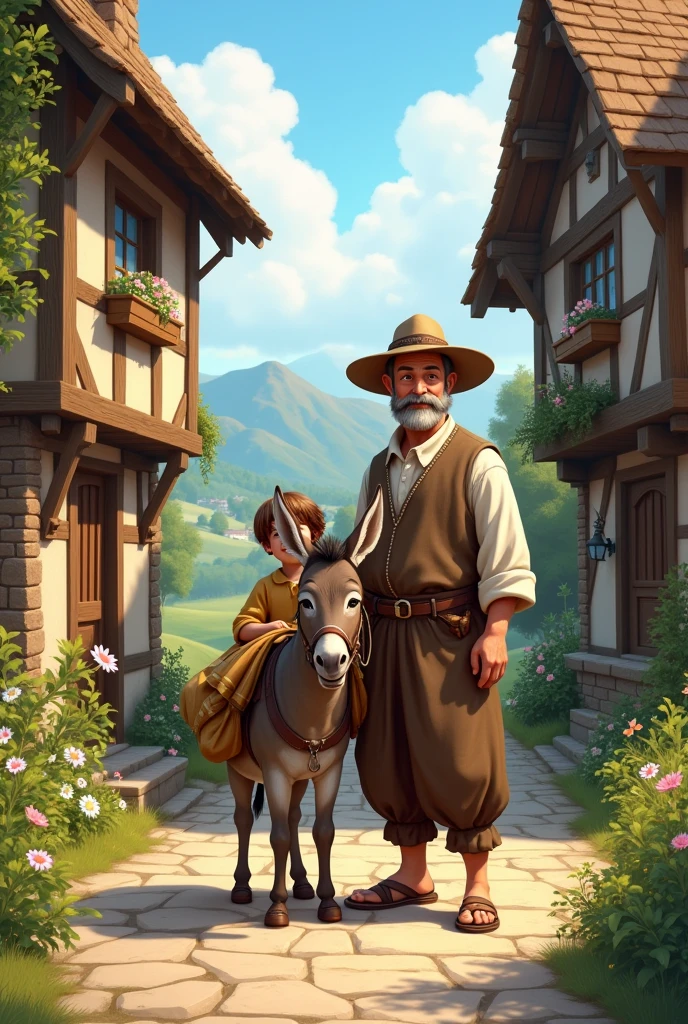 Scene 1: Introduction
- **Prompt:** "Generate a scenic village background with traditional houses and cobblestone streets. Create two characters: a middle-aged father wearing simple peasant clothes and a young boy around , also in peasant attire. Add a donkey standing next to them with small sacks tied on its sides. The atmosphere should be bright and sunny."