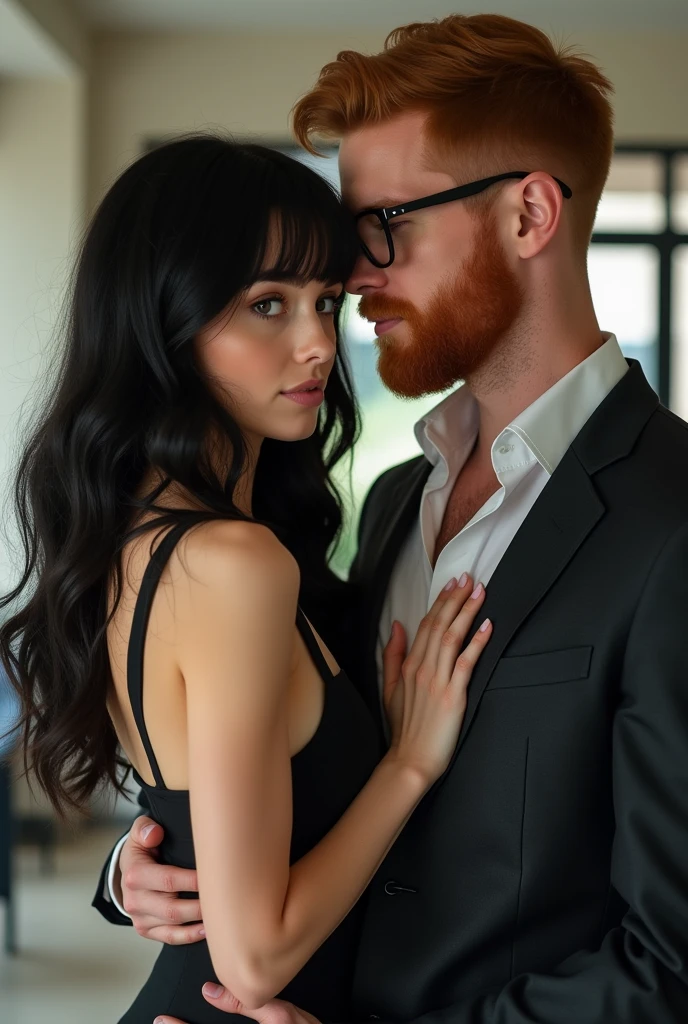 The woman is Italian, 3, pale white skin, long wavy black hair with bangs, eyes browns, lean and curvilíneo body. The man is Irish, 30years, freckled skin, natural red straight hair, gold eyes, has a well-groomed beard, wear glasses, toned body. Reproduce these characters by having sex, In an office, both in unbuttoned formal clothes.