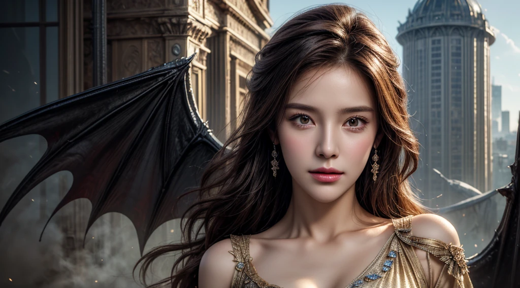 masterpiece，Top quality，best quality，Official Art，Beauty and aesthetics：1.2），（masterpiece：1.3）， （8K， Realistically， RAW photos， best quality： 1.4）， Pretty Face， （Realistic face），Ultra-high resolution， Ultra-realistic photos， Very detailed， Golden Ratio， （Full of energy：1.3），（saturation：1.3），Unreal Engine， (High Detail: 1.9)，（Miss：1.4），individual，Dragon Horn，Batwing，Destroyed city in the background，Medium and long-range shots，dramatic，（middle Ages：1.8）