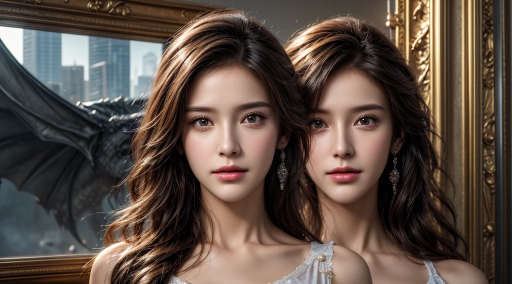 masterpiece,Top quality,best quality,Official Art,Beauty and aesthetics:1.2),(masterpiece:1.3), (8K, Realistically, RAW photos, best quality: 1.4), Pretty Face, (Realistic face),Ultra-high resolution, Ultra-realistic photos, Very detailed, Golden Ratio, (Full of energy:1.3),(saturation:1.3),Unreal Engine, (High Detail: 1.9),(Miss:1.4),individual,Dragon Horn,Batwing,Destroyed city in the background,Medium and long-range shots,dramatic,(middle Ages:1.8)