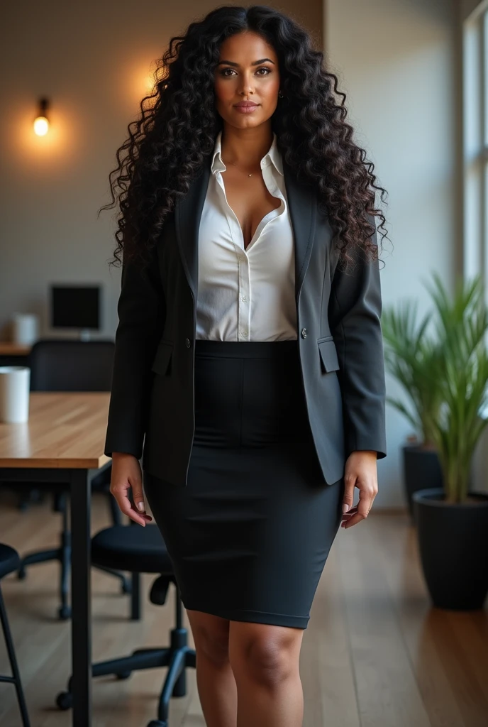 Caucasian white Brunette woman with very curly hair, super curly, black hair, full body shoot, athletic, white skin, big saggy breast, big tits, round ass, dressed for business