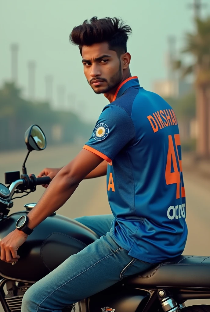 A handsome boy sitting on the black royal infield and wear a Indian cricket team jersey no 45 and jusrsey name is dikshant