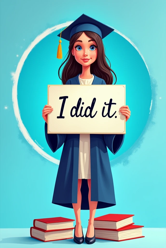 Inside the circular brogues with a blue background, there is a girl wearing a graduation gown and holding in both hands a sign that says I did it, which appears only in the middle of her body. , Below the circle are two large books, a high-resolution caricature and calligraphy.