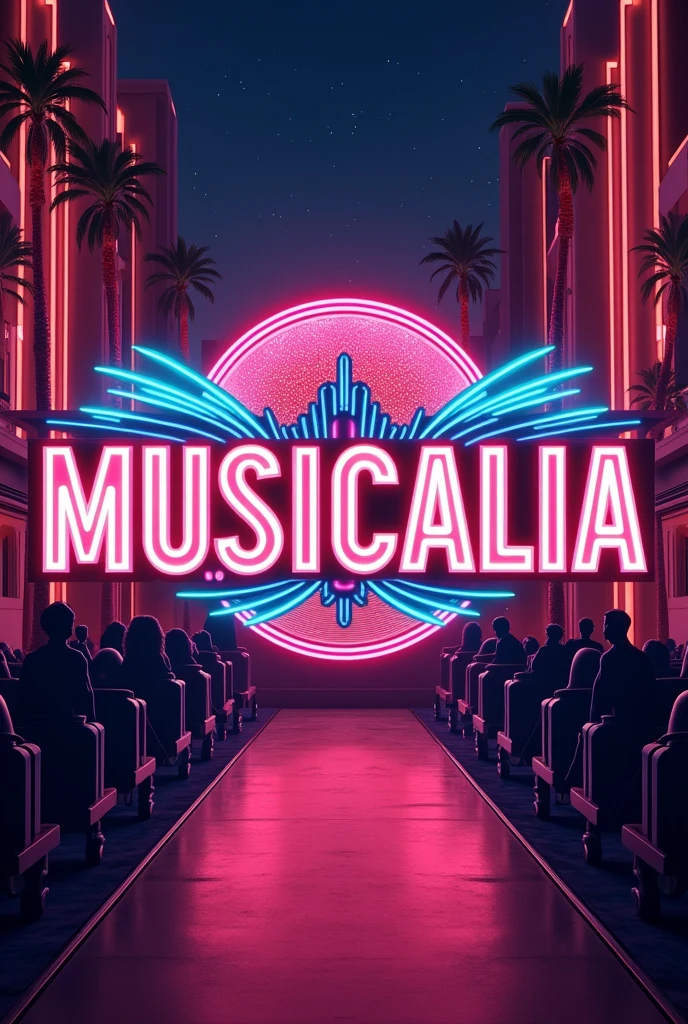 Create a vibrant Instagram profile image for a professional flashback show account. The image must contain the name Musicalia. A imagem deve remeter a shows de flashback