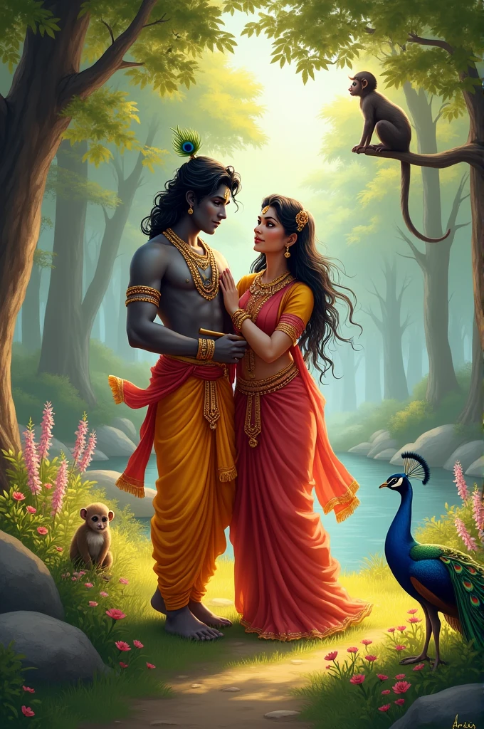Couple cute boy and girl boy is Krishna girl is Radha,park background, peacock and monkey