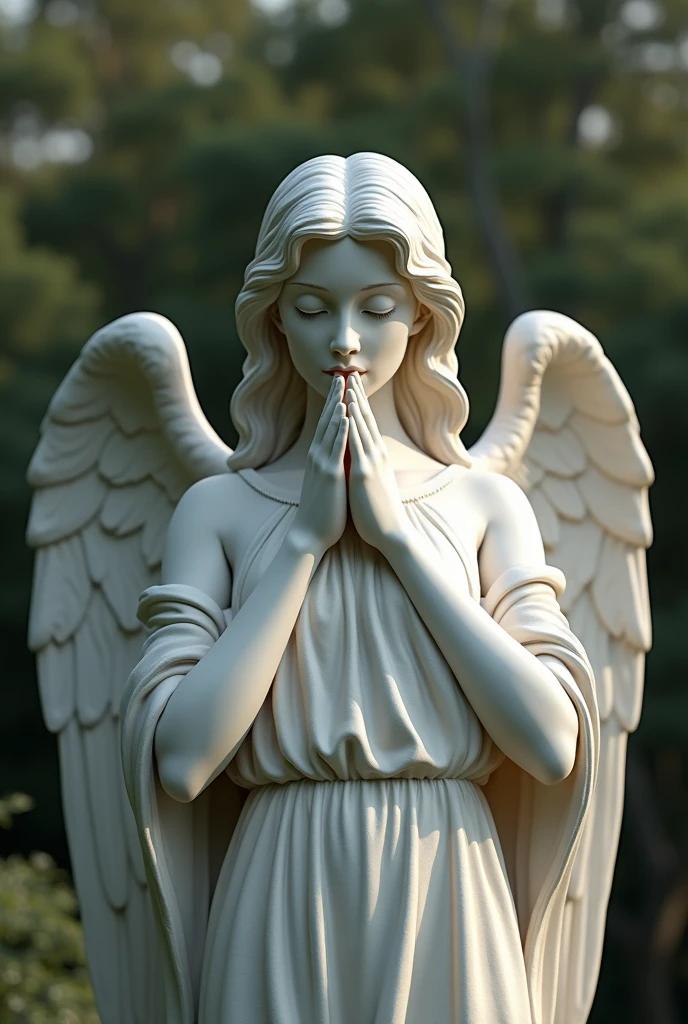 Realistic image of angel statue covering its mouth