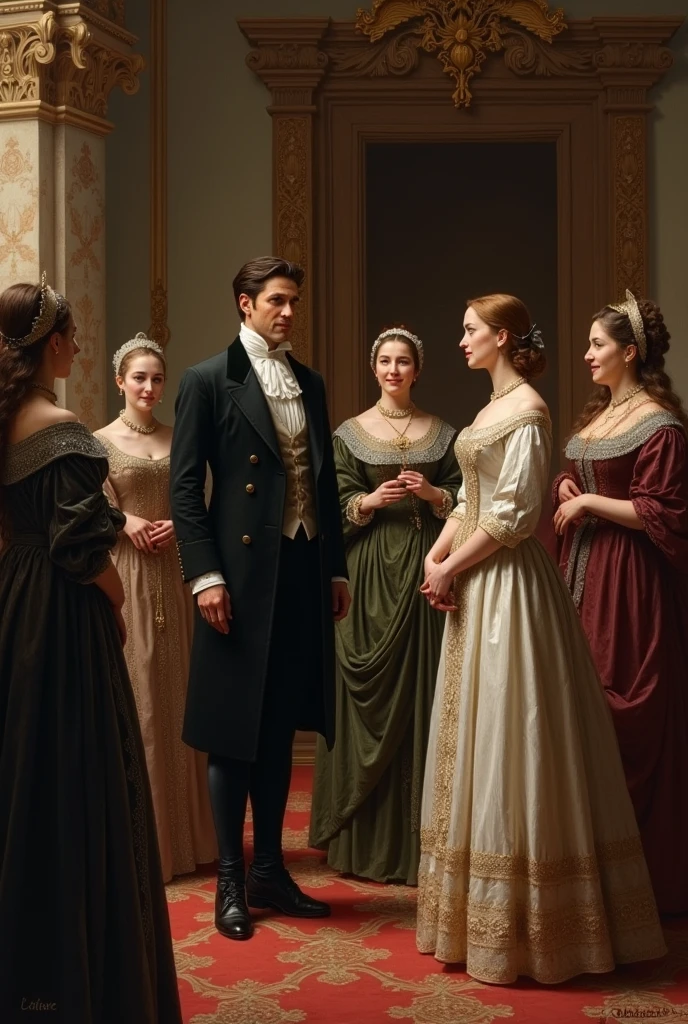 A man greeted by a woman with her maids
