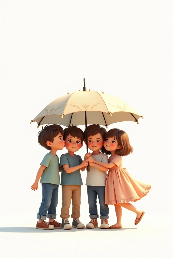 children,boys with pants girls with dress under an umbrella white background