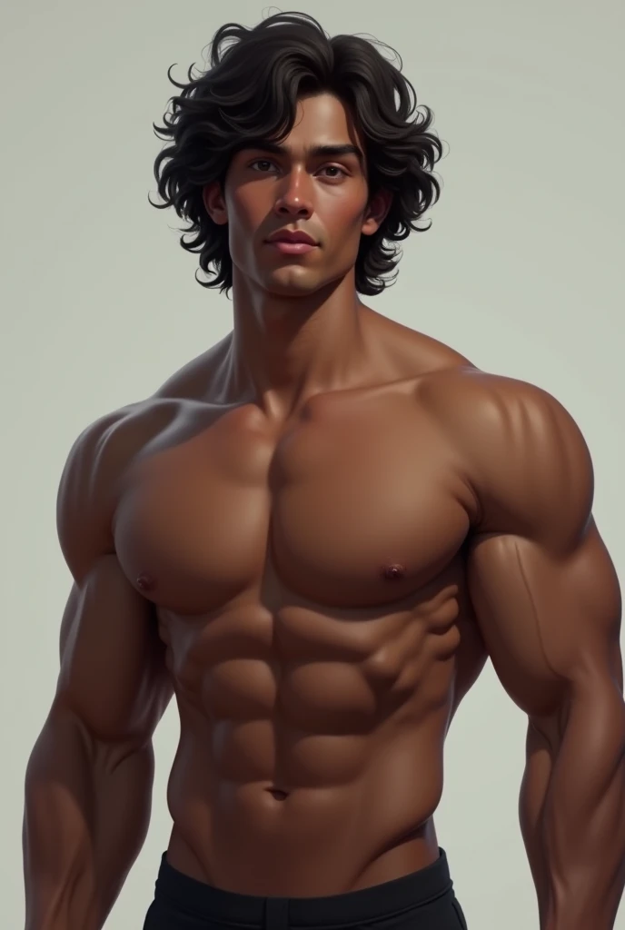 You can make a shirtless man with pecs who is dark-skinned and has curly hair and has a baby face.