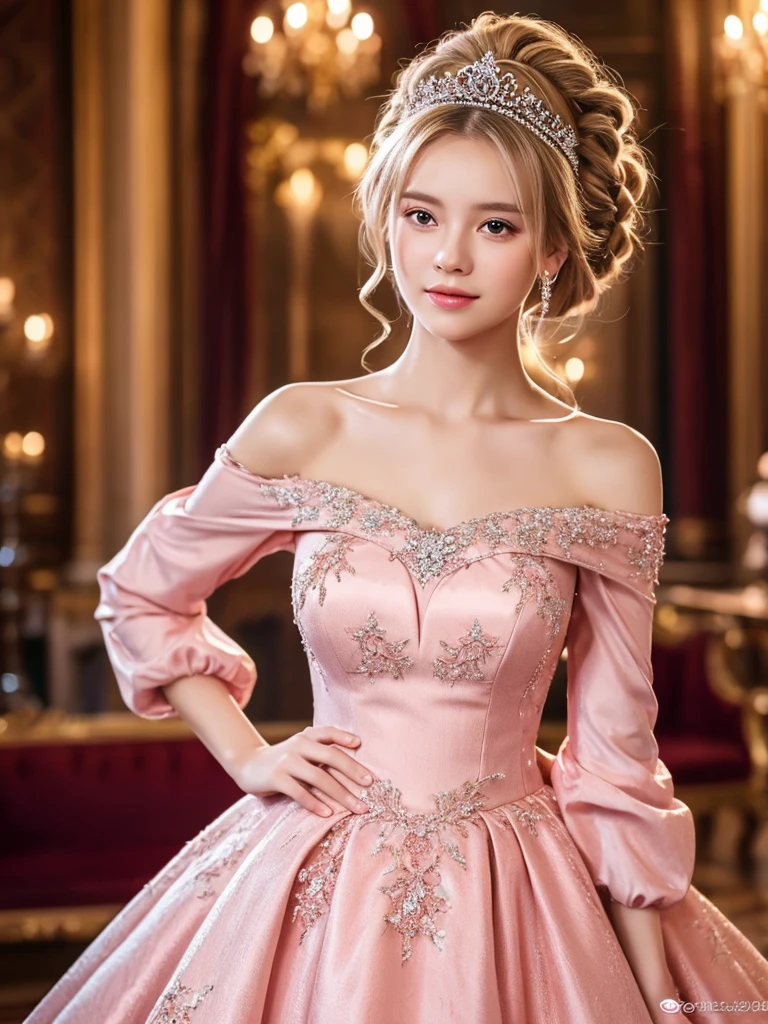 (masterpiece),(Highest image quality),top quality,(extremely detailed),4K,(8K),super detailed,realistic,1 girl,blond hair,Off-Shoulder,ball gown,pink dress,tiara