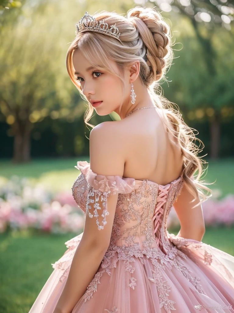 (masterpiece),(Highest image quality),top quality,(extremely detailed),4K,(8K),super detailed,realistic,1 girl,blond hair,Off-Shoulder,ball gown,pink dress,tiara