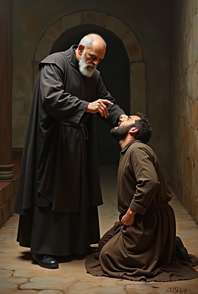 An image of Friar Padre Pio slapping an unrepentant sinner in the face.