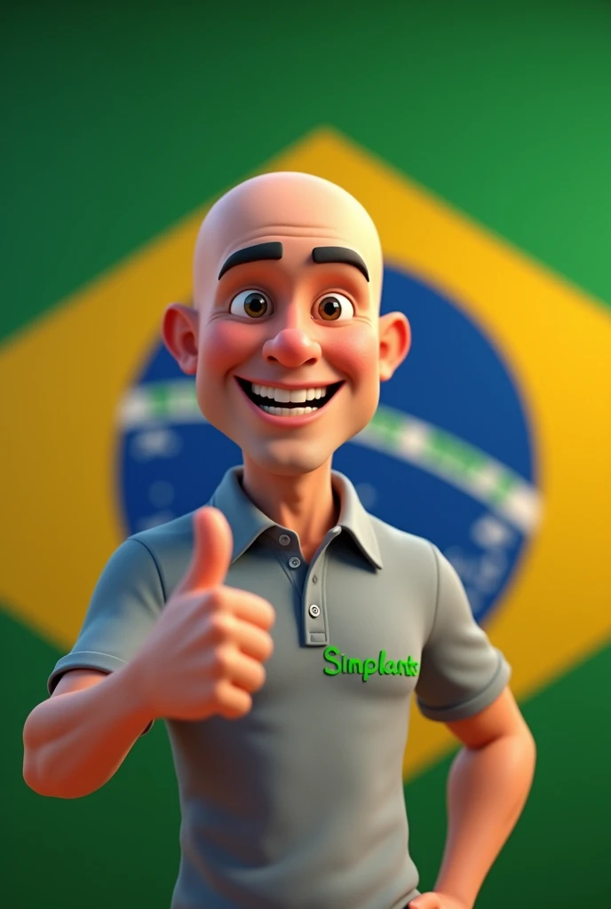 Create an animation style image of sandpaper with a bald man smiling, showing his thumb up with the Brazilian flag in the background and wearing a gray polo shirt with 8 implants written in green