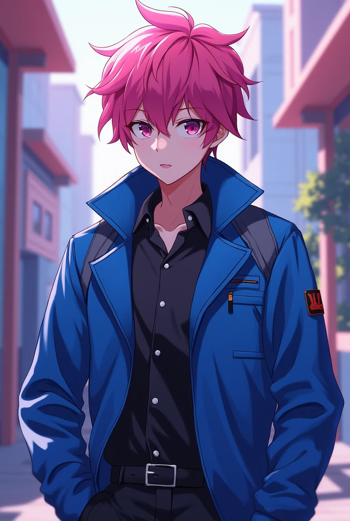 Make a boy with pink hair and a blue jacket in the anime Jujutsu Kaisen style, make him very handsome and cute, make him 1 meter 85 cm tall.