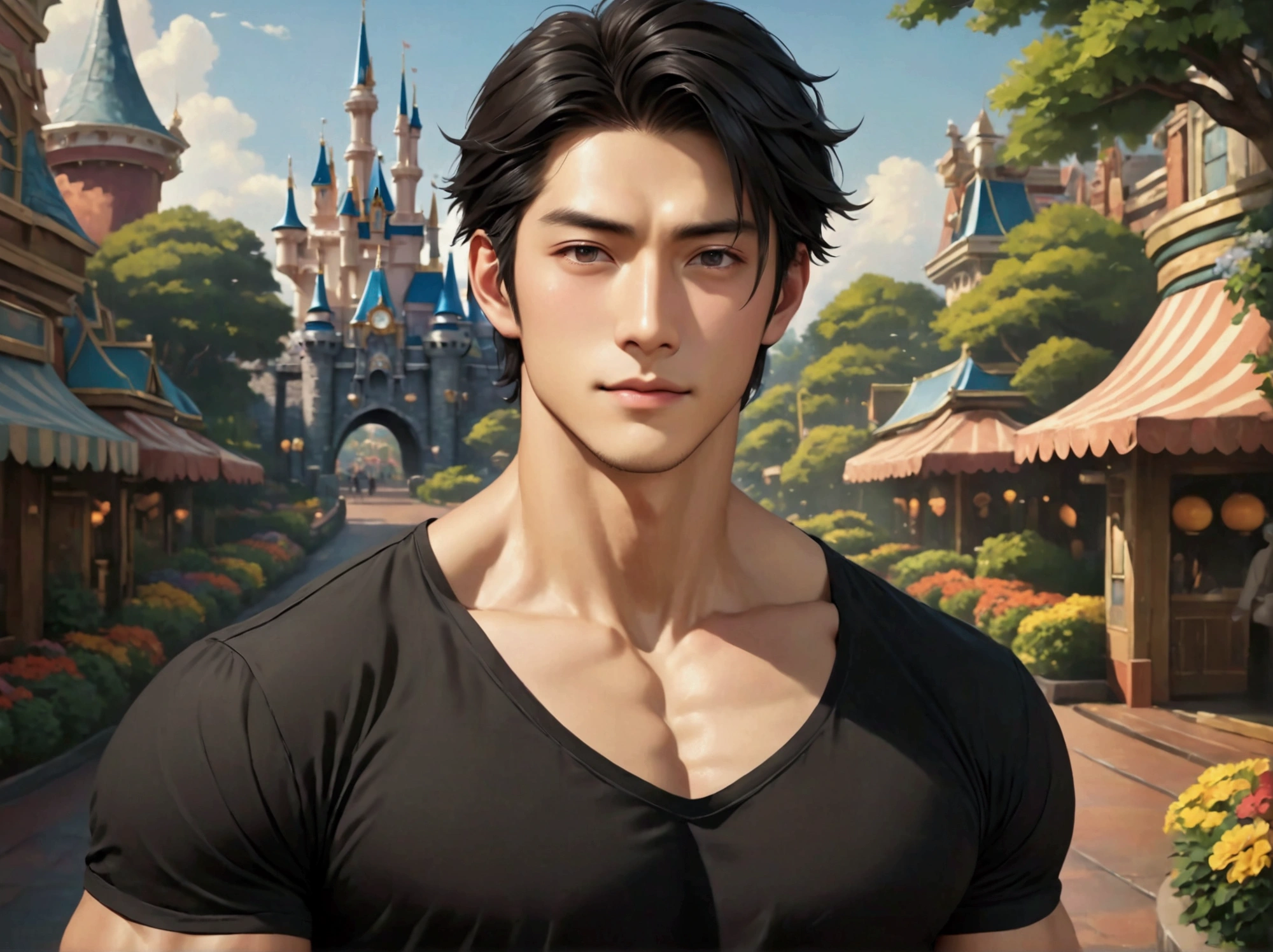 Japanese,25-30 years old, Handsome and elegant, Wear a shirt , Masculine and handsome,muscular,Muscles look good, fair skin, black eyes(thin eyes 1:3),(Super detailed, Realistic, best quality, 4K, 8k, High resolution, masterpiece:1.3), The background is Disneyland,Morning,he is very happy