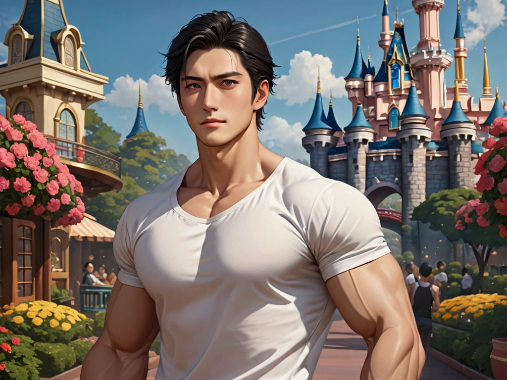Japanese,25-30 years old, Handsome and elegant, Wear a shirt , Masculine and handsome,muscular,Muscles look good, fair skin, black eyes(thin eyes 1:3),(Super detailed, Realistic, best quality, 4K, 8k, High resolution, masterpiece:1.3), The background is Disneyland,Morning,he is very happy