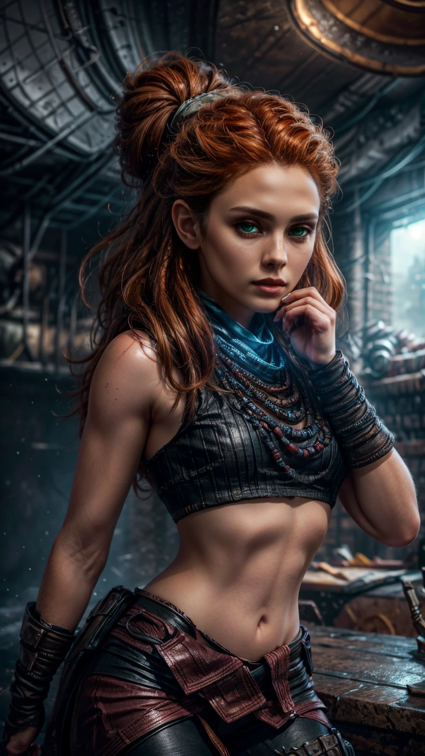 beautiful detailed eyes, beautiful detailed lips, extremely detailed eyes and face, long eyelashes, 1girl, cosplay, Kim Possible cosplays as Aloy from Horizon games, intricate detailed costume, high quality 3D render, cinematic lighting, photorealistic, hyper detailed, vibrant colors, warm lighting, dramatic pose, dynamic action, epic fantasy, (wide angle:1.32), (full length portrait:1.27), (small head) 