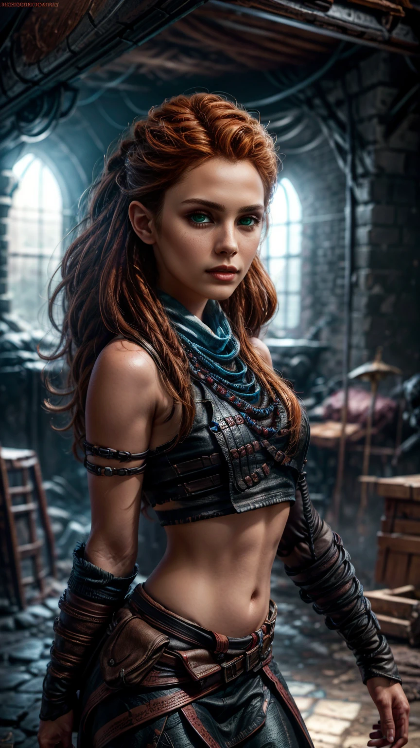 beautiful detailed eyes, beautiful detailed lips, extremely detailed eyes and face, long eyelashes, 1girl, cosplay, Kim Possible cosplays as Aloy from Horizon games, intricate detailed costume, high quality 3D render, cinematic lighting, photorealistic, hyper detailed, vibrant colors, warm lighting, dramatic pose, dynamic action, epic fantasy, (wide angle:1.32), (full length portrait:1.27), (small head) 