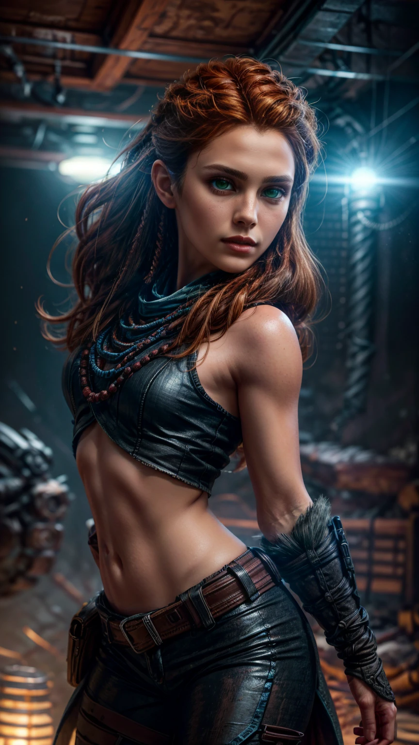 beautiful detailed eyes, beautiful detailed lips, extremely detailed eyes and face, long eyelashes, 1girl, cosplay, Kim Possible cosplays as Aloy from Horizon games, intricate detailed costume, high quality 3D render, cinematic lighting, photorealistic, hyper detailed, vibrant colors, warm lighting, dramatic pose, dynamic action, epic fantasy, (wide angle:1.32), (full length portrait:1.27), (small head) 