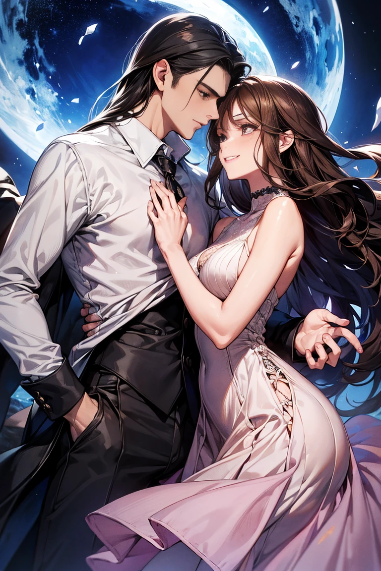 (ultra detalhado, absolutamente resolução, melhor qualidade:1.3), 2.5D, bela moça, fleeting e sad expression, cabelo liso castanho claro bagunçado em camadas, testa, (attractive e seductive) e (amorous e lewd) Face, inventar, vestindo um vestido preto de estilingue, proporções glamourosas, fundo escuro e opaco, delicate e dynamic effects, efeitos de filtro nebulosos, efeitos de iluminação iridescente, artístico, Hiper, arte digital gráfica em CG, BREAK olhos escuros, man and woman, couple, love, mature, a cat woman, she has freckles, she has dark brown eyes and an upturned nose, she is happy and smiling, she has long wavy hair, black hair, she is wearing aviator sunglasses with clear lenses in a soft watercolor style. The girl's clothes must be pink, purple, and blue in celebration of the bisexual, with stains of ink and watercolor mixing and filling the scene. he has blonde hair, he is handsome, he is slim. There should be a subtle, nuanced change in colors using the impasto technique with gouache paint. There should be a light rain in the watercolor painting with a little watercolor paper texture and a pastel background.