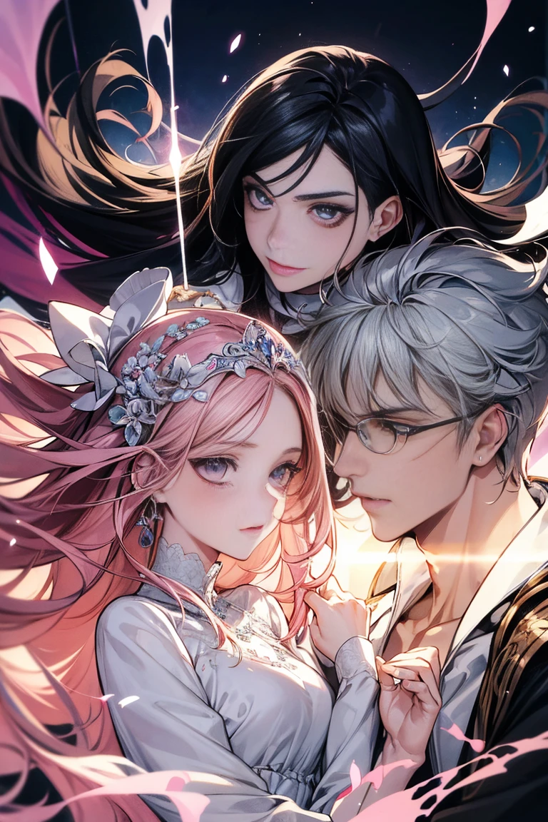(ultra detalhado, absolutamente resolução, melhor qualidade:1.3), 2.5D, bela moça, fleeting e sad expression, cabelo liso castanho claro bagunçado em camadas, testa, (attractive e seductive) e (amorous e lewd) Face, inventar, vestindo um vestido preto de estilingue, proporções glamourosas, fundo escuro e opaco, delicate e dynamic effects, efeitos de filtro nebulosos, efeitos de iluminação iridescente, artístico, Hiper, arte digital gráfica em CG, BREAK olhos escuros, man and woman, couple, love, mature, a cat woman, she has freckles, she has dark brown eyes and an upturned nose, she is happy and smiling, she has long wavy hair, black hair, she is wearing aviator sunglasses with clear lenses in a soft watercolor style. The girl's clothes must be pink, purple, and blue in celebration of the bisexual, with stains of ink and watercolor mixing and filling the scene. he has blonde hair, he is handsome, he is slim. There should be a subtle, nuanced change in colors using the impasto technique with gouache paint. There should be a light rain in the watercolor painting with a little watercolor paper texture and a pastel background.