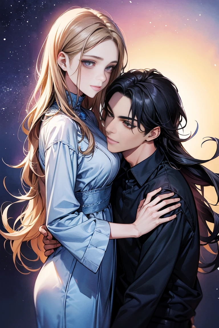 (ultra detalhado, absolutamente resolução, melhor qualidade:1.3), 2.5D, bela moça, fleeting e sad expression, cabelo liso castanho claro bagunçado em camadas, testa, (attractive e seductive) e (amorous e lewd) Face, inventar, vestindo um vestido preto de estilingue, proporções glamourosas, fundo escuro e opaco, delicate e dynamic effects, efeitos de filtro nebulosos, efeitos de iluminação iridescente, artístico, Hiper, arte digital gráfica em CG, BREAK olhos escuros, man and woman, couple, love, mature, a cat woman, she has freckles, she has dark brown eyes and an upturned nose, she is happy and smiling, she has long wavy hair, black hair, she is wearing aviator sunglasses with clear lenses in a soft watercolor style. The girl's clothes must be pink, purple, and blue in celebration of the bisexual, with stains of ink and watercolor mixing and filling the scene. he has blonde hair, he is handsome, he is slim. There should be a subtle, nuanced change in colors using the impasto technique with gouache paint. There should be a light rain in the watercolor painting with a little watercolor paper texture and a pastel background.