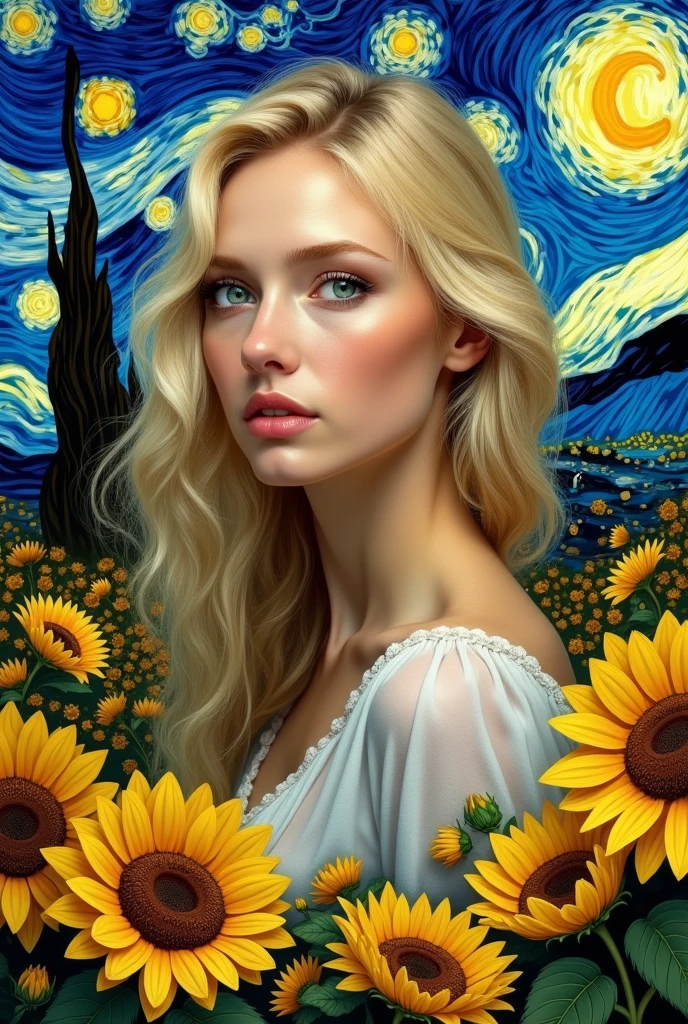 Make a van gogh sunflower version of a blonde with green eyes with good quality, van gogh starry night style