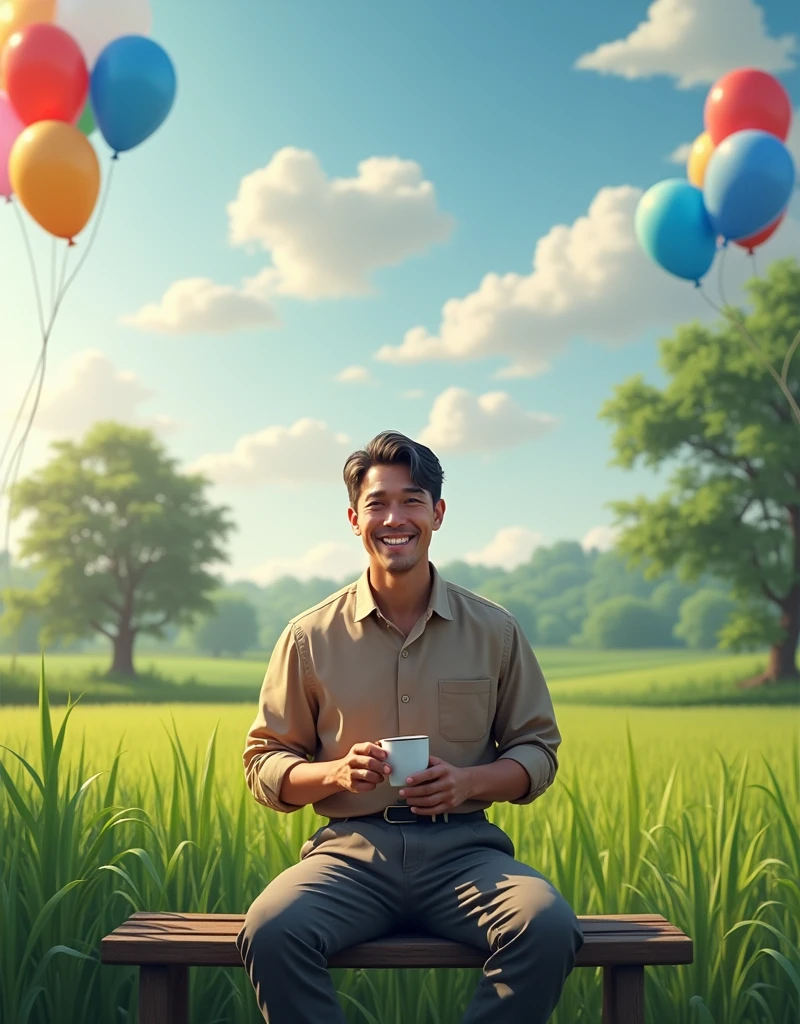 Realistic, handsome man 40 years short hair, thin smile, wearing light brown shirt and faded gray pants, drinking coffee, sitting on a bench , green rice fields on the background, trees, cloud and blue sky in the morning, balloons, happy birthday atmosphere