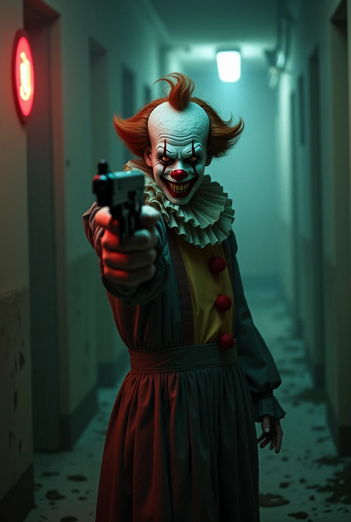 Masked clown holding a gun