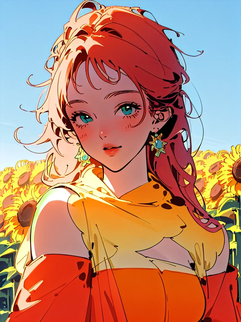 ((best quality)), ((masterpiece)), ((realistic cartoon)), ((perfect character)), ((extremely detailed 8k CG wallpaper)), Emerald-eyed girl, with flowing chestnut locks, adorned with a vibrant red headband, dressed in a resplendent yellow sundress, basking in the warm glow of a summer afternoon, surrounded by blooming sunflowers and lush greenery. Her smile captivates with genuine happiness, while the clear blue sky and gentle breeze add to the scenic masterpiece, an 8k ultra HD landscape capturing this amazing scenery.