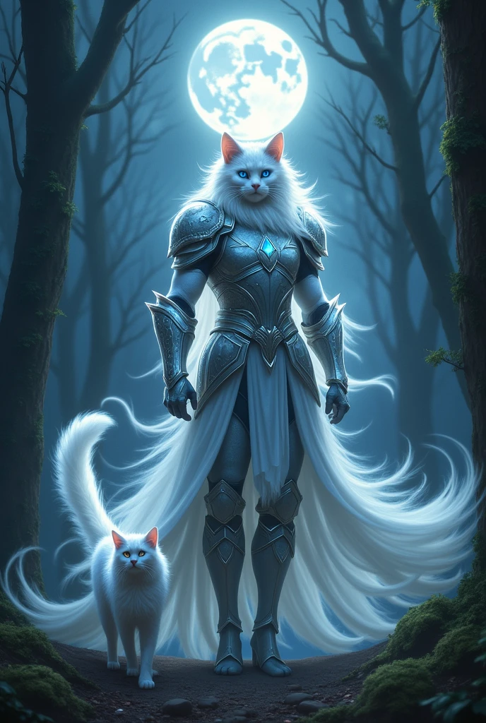 *Orion Transforms into a Human Warrior:**
- "A white cat begins to transform into a tall, powerful human warrior. The scene shows the cat's body stretching and shifting, with magical energy swirling around it. The warrior has snow-white hair and piercing blue eyes, wearing armor that shimmers in the moonlight. The background is a dark, enchanted forest, with the full moon illuminating the transformation."