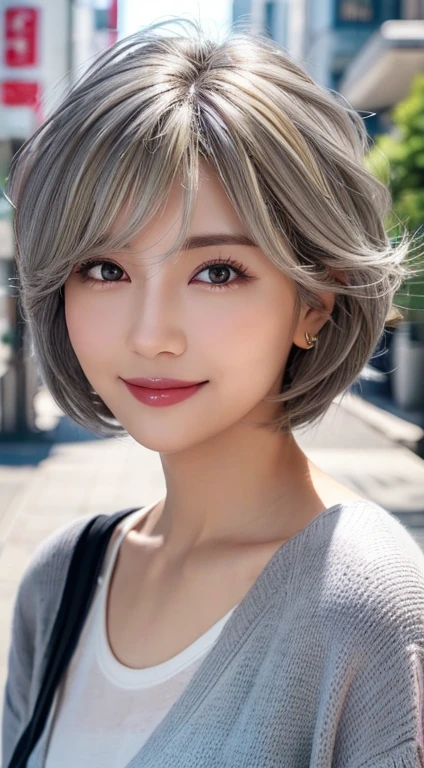 Happy smile seeing this、In the city、(Highest quality,8K quality,masterpiece:1.3,),(Ultra-high resolution:1.3,Realistic:1.4,RAW Photos:1.2),(Very detailed:1.2,Glowing Skin,Detailed skin:1.1),(Detailed face,Perfect Anatomy,Caustics:1.2),,1 girl,cute,Japanese,1,Japanese Ido,gray hair, [(gradient hair from gray to blonde:1.4):0.4], medium hair,Curl short hair outward,cute目,Natural Makeup,bright casual clothes,Laughter,Looking into the camera,On the face,Face Focus,Professional Lighting,Natural soft light,