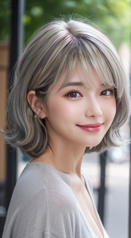 Happy smile seeing this、In the city、(Highest quality,8K quality,masterpiece:1.3,),(Ultra-high resolution:1.3,Realistic:1.4,RAW Photos:1.2),(Very detailed:1.2,Glowing Skin,Detailed skin:1.1),(Detailed face,Perfect Anatomy,Caustics:1.2),,1 girl,cute,Japanese,1,Japanese Ido,gray hair, [(gradient hair from gray to blonde:1.4):0.4], medium hair,Curl short hair outward,cute目,Natural Makeup,bright casual clothes,Laughter,Looking into the camera,On the face,Face Focus,Professional Lighting,Natural soft light,