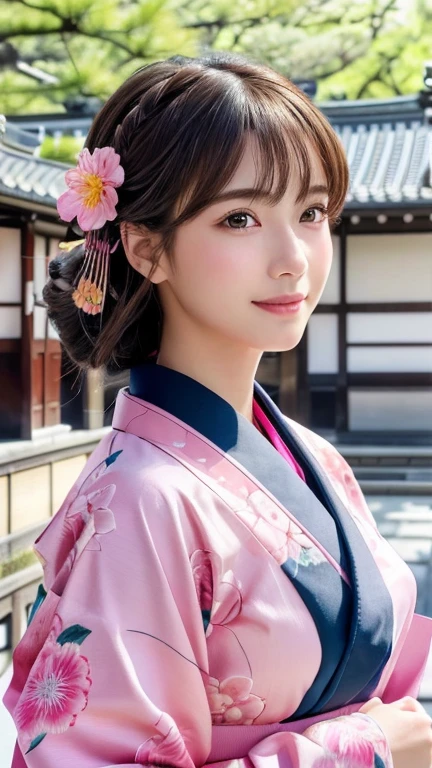 1 person, (Wearing a pink floral kimono.:1.2), Very beautiful Japanese idol portraits, (RAW Photos, Highest quality), (Realistic, Realistic:1.4), (masterpiece), Very delicate and beautiful, Very detailed, 2k wallpaper, wonderful, finely, Very detailed CG Unity 8k 壁紙, Very detailed, High resolution, Soft Light, Beautiful details, Very detailedの目と顔, Beautiful and sophisticated nose, Beautiful and beautiful eyes, Cinema Lighting, (Commemorative photo in Kyoto:1.3), (blue sky), (Japanese hairstyle), (Tie your hair at the back:1.3), (bangs), (hairpin), Complete Anatomy, Slender body, Small breasts, smile