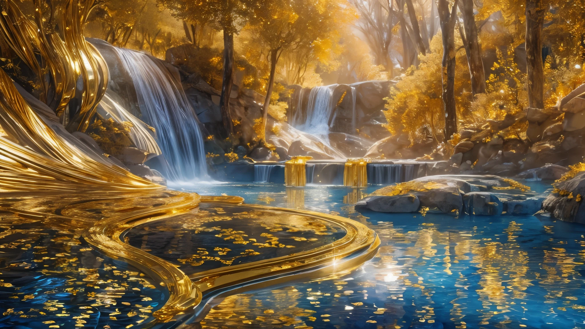 And the gold of that land is good: there is bdellium and the onyx stone, masterpiece, best quality, 32K, Impressive crystal clear blue river and waterfall. The forest filled with shimmery gold, Reflecting on the golden rocks, Create a magical and enchanting atmosphere, water fountains, in a enchanting forest of pure shimmery gold super high quality, 32k, RAW photo, realistic, detailed and delicate depiction and flashy and dynamic forest, fantastic depiction, golden flowing water fountain, shining jewel, iridescent particles dancing around, (shiny gold plated, shiny silver plated:1.7), iridescent, professional flare lighting