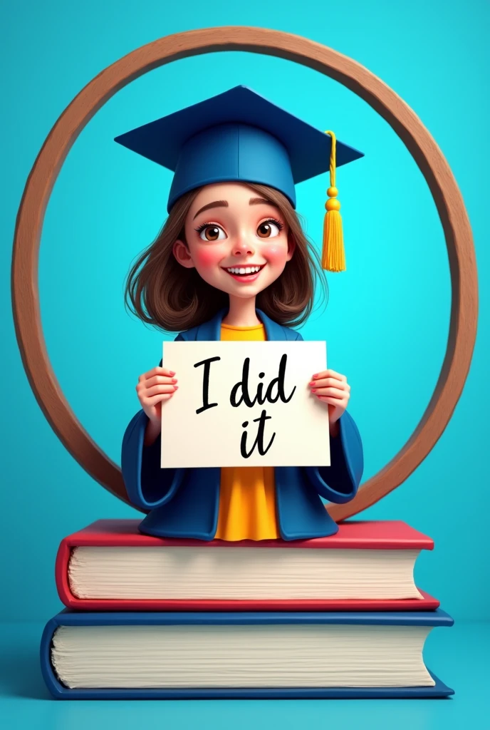 Inside a circular frame with a blue background, there is a girl wearing a graduation outfit, holding in both hands a sign with the words “I did it” written on it, which appears only in the middle of her body. , Below the circle are two large books, a high-resolution caricature and calligraphy. 