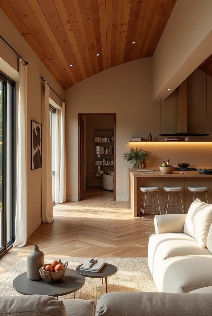 Create a wall colour for a living room that have kitchen attached and ceiling with brown wooden wood