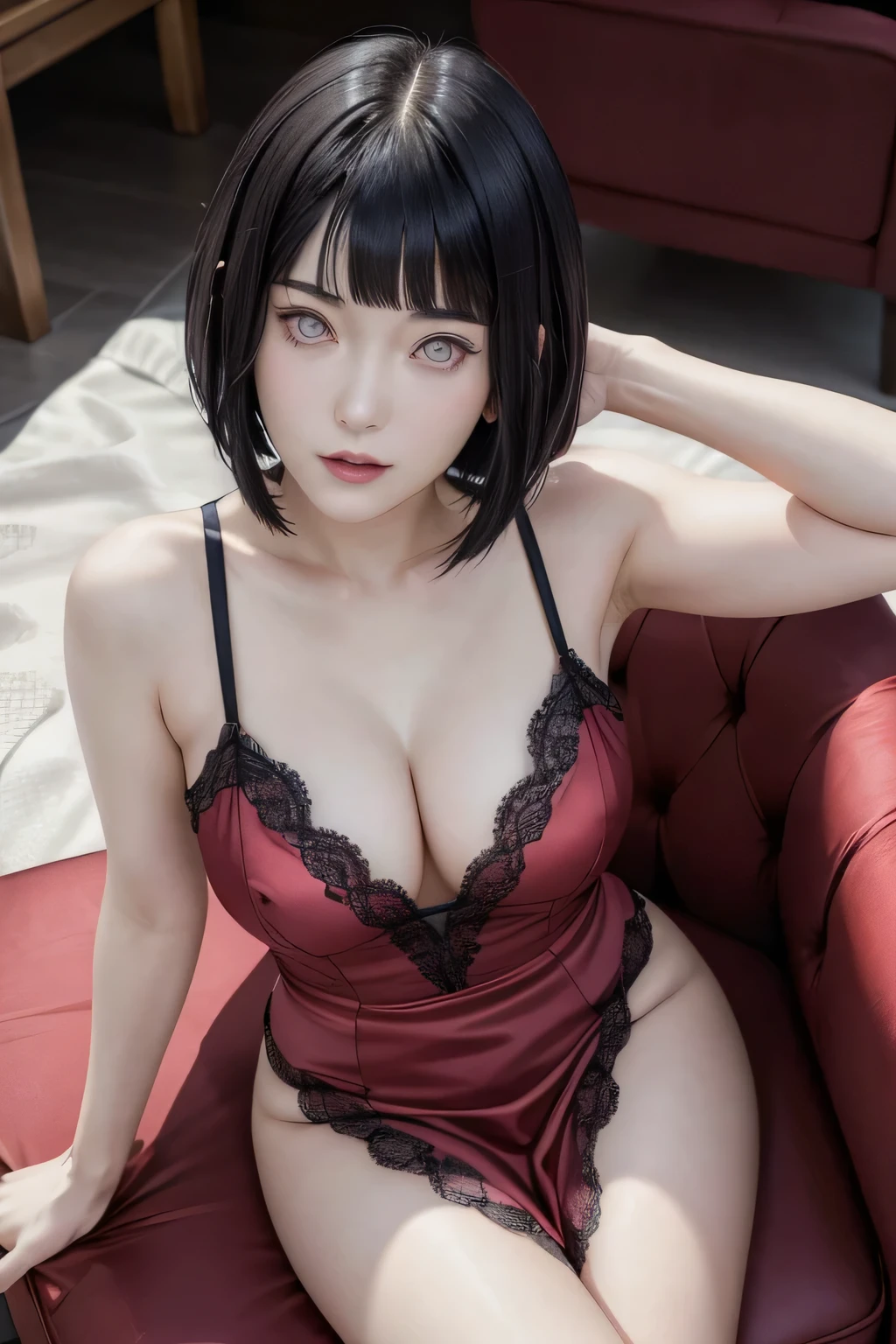 (masterpiece),(Realistic) Sexy body curves Hyuga Hinata anime character from\(boruto\), 1girl, solo,mature female, perfect body ,looking at viewer,perfect composition, detailed lips, big breast, beautiful face, body propotion, blush, (pink lips), black bob cut hair, soft gaze, super realistic, detailed, photoshoot, realistic face and body, aesthetic poses photography , Perfect angle, sexy body, very seductive face, wearing a red lace curves dress , photo from above, siiting on chair, black background
