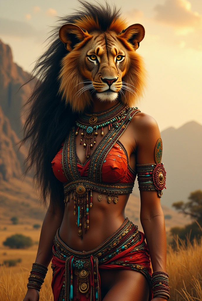 Woman with head and body of female lioness and African tribal costume