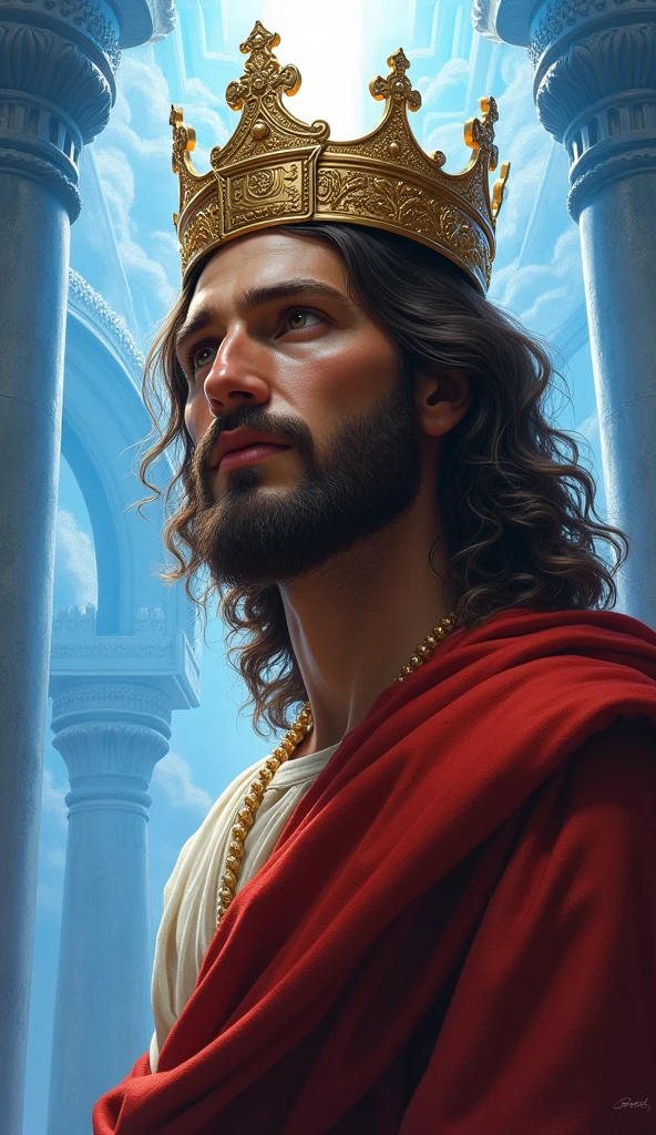 Jesus with a king's crown on his head, JesusChrist, the lord and savior, portrait of JesusChrist, Jesus of Nazareth, brilliant light masterpiece, jesus, greg olsen, king of kings, beautiful image already created, image background a kingdom of beautiful, blue and silver colors, sua mente contemplando a eternidade, glorious light,!! with a serene look and a slight smile!