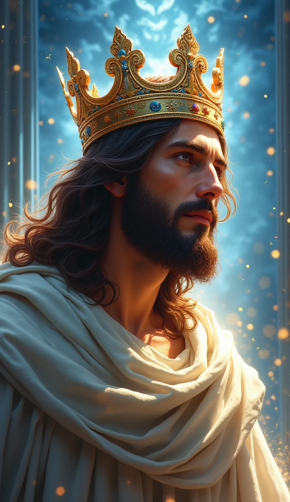 Jesus with a king&#39;s crown on his head, JesusChrist, the lord and savior, portrait of JesusChrist, Jesus of Nazareth, brilliant light masterpiece, jesus, greg olsen, king of kings, beautiful image already created, image background a kingdom of beautiful, blue and silver colors, sua mente contemplando a eternidade, glorious light,!! with a serene look and a slight smile!
