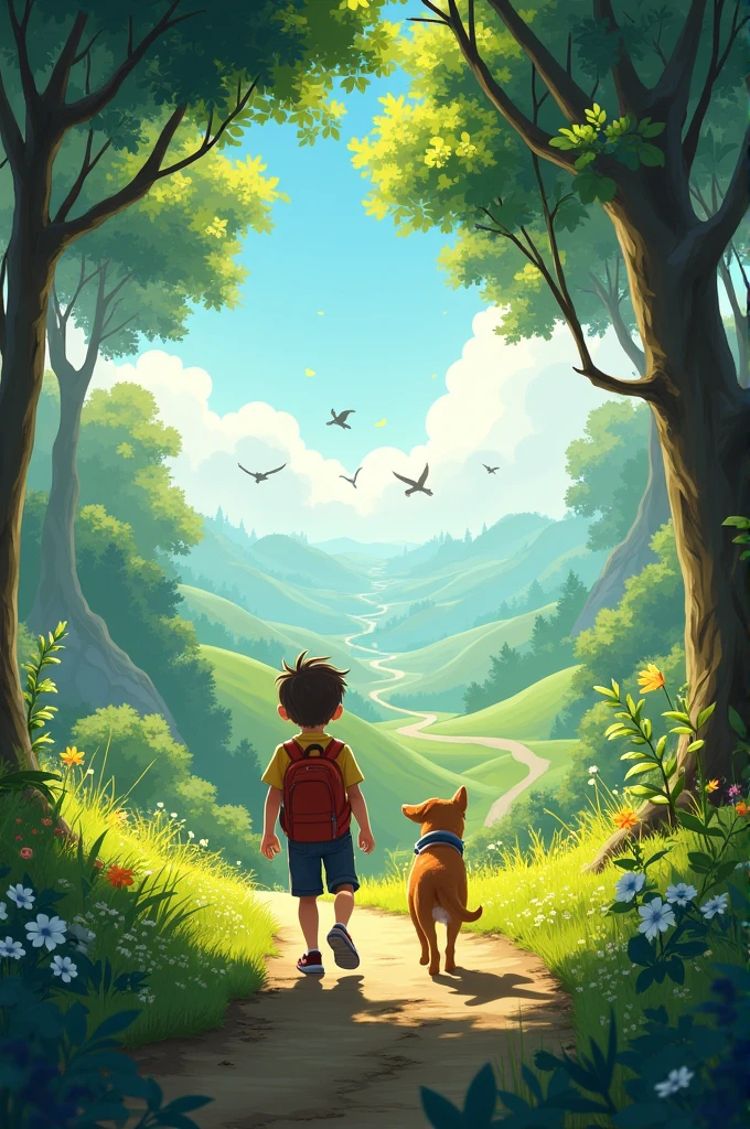 Boy with his dog exploring the world