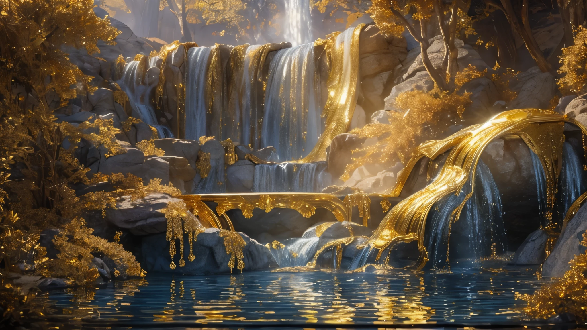 And the gold of that land is good: there is bdellium and the onyx stone, masterpiece, best quality, 32K, Impressive crystal clear blue river and waterfall. The forest filled with shimmery gold, Reflecting on the golden rocks, Create a magical and enchanting atmosphere, water fountains, in a enchanting forest of pure shimmery gold super high quality, 32k, RAW photo, realistic, detailed and delicate depiction and flashy and dynamic forest, fantastic depiction, golden flowing water fountain, shining jewel, iridescent particles dancing around, (shiny gold plated, shiny silver plated:1.7), iridescent, professional flare lighting