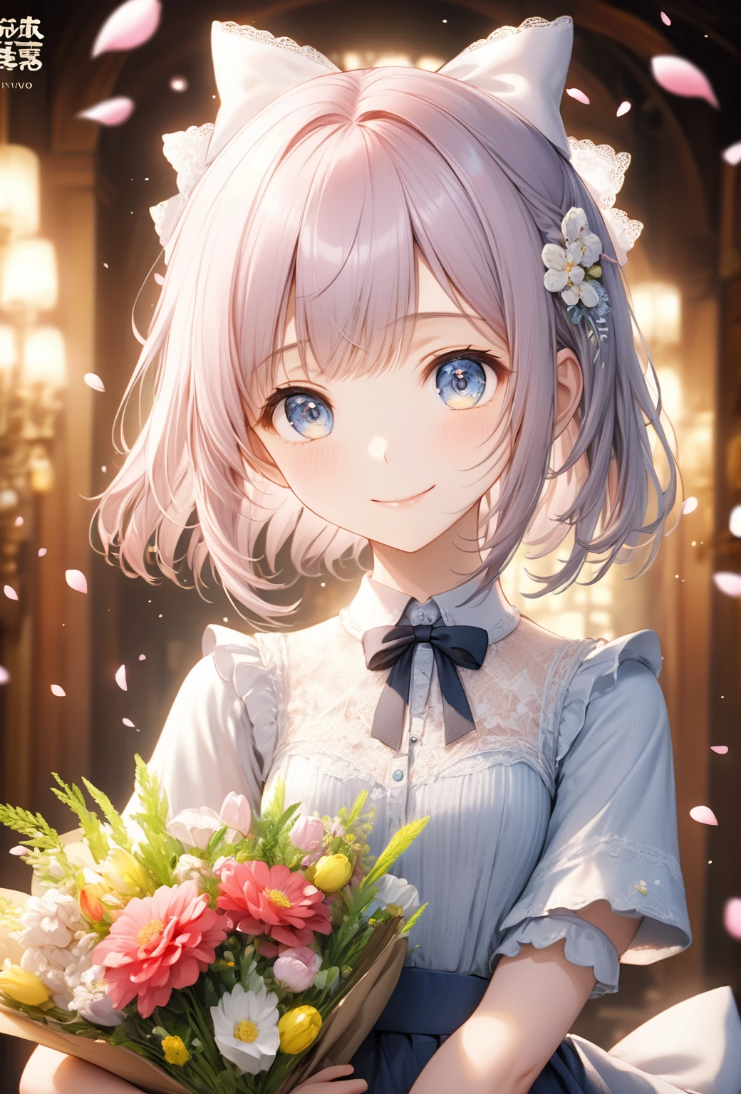 Medium display, Medium Shot, Depth of written boundary, bust, Upper Body, Movie angle, masterpiece, Highest quality, Very detailed, CG, 8k wallpaper, Beautiful Face, Delicate eyes, country々, alone, smile, bangs, mini skirt, shirt, Have, dress, bow, petal, bouquet