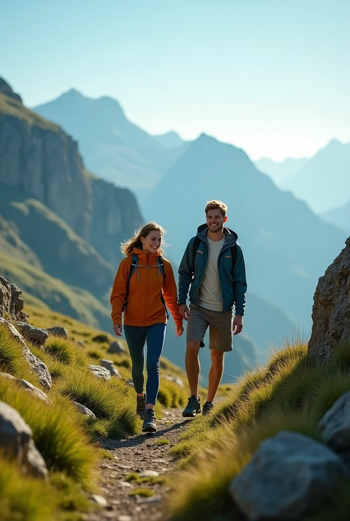 making mountain shoe advertisement, couple walking towards the horizon, green landscape, rocky, horizon view