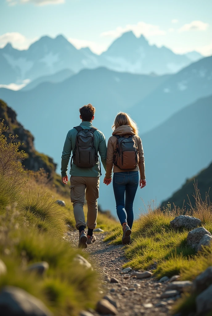 making mountain shoe advertisement, couple walking towards the horizon, green landscape, rocky, horizon view